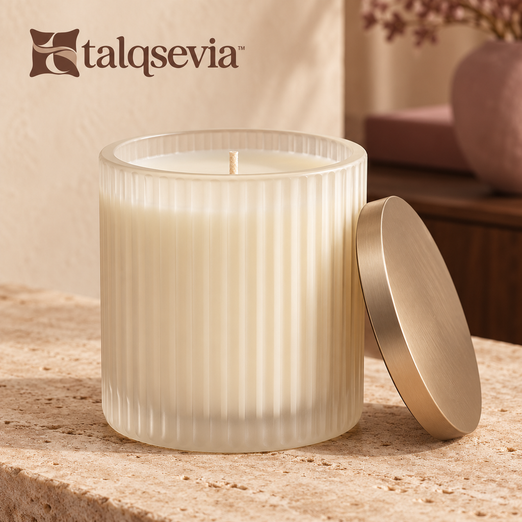 talqsevia™ Evening Notes Scented Candle — 8 oz Soy-Blend Bedroom Candle in a Ribbed Glass Jar with Lid