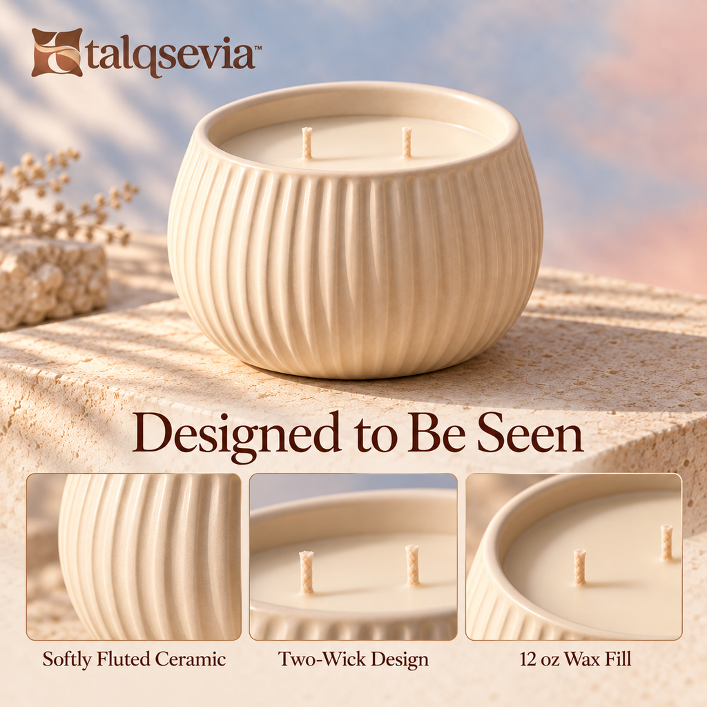 talqsevia™ Soft Glow Ceramic Scented Candle — 12 oz Two-Wick Soy-Blend Candle for Bedroom & Living Room