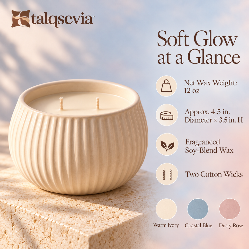 talqsevia™ Soft Glow Ceramic Scented Candle — 12 oz Two-Wick Soy-Blend Candle for Bedroom & Living Room