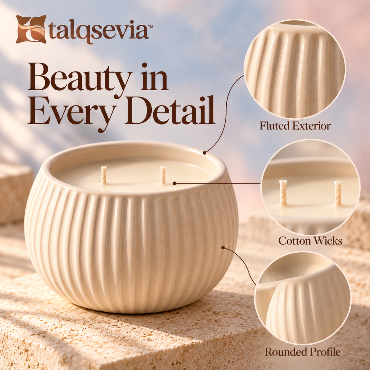 talqsevia™ Soft Glow Ceramic Scented Candle — 12 oz Two-Wick Soy-Blend Candle for Bedroom & Living Room