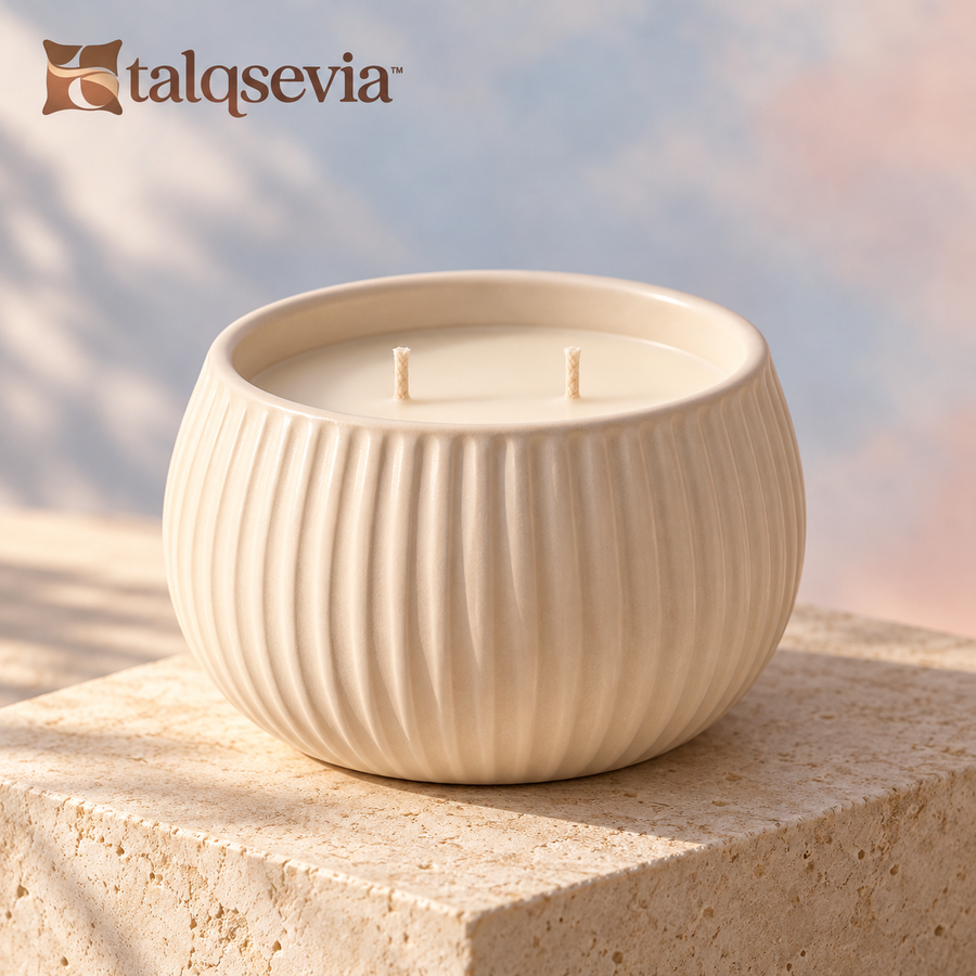 talqsevia™ Soft Glow Ceramic Scented Candle — 12 oz Two-Wick Soy-Blend Candle for Bedroom & Living Room